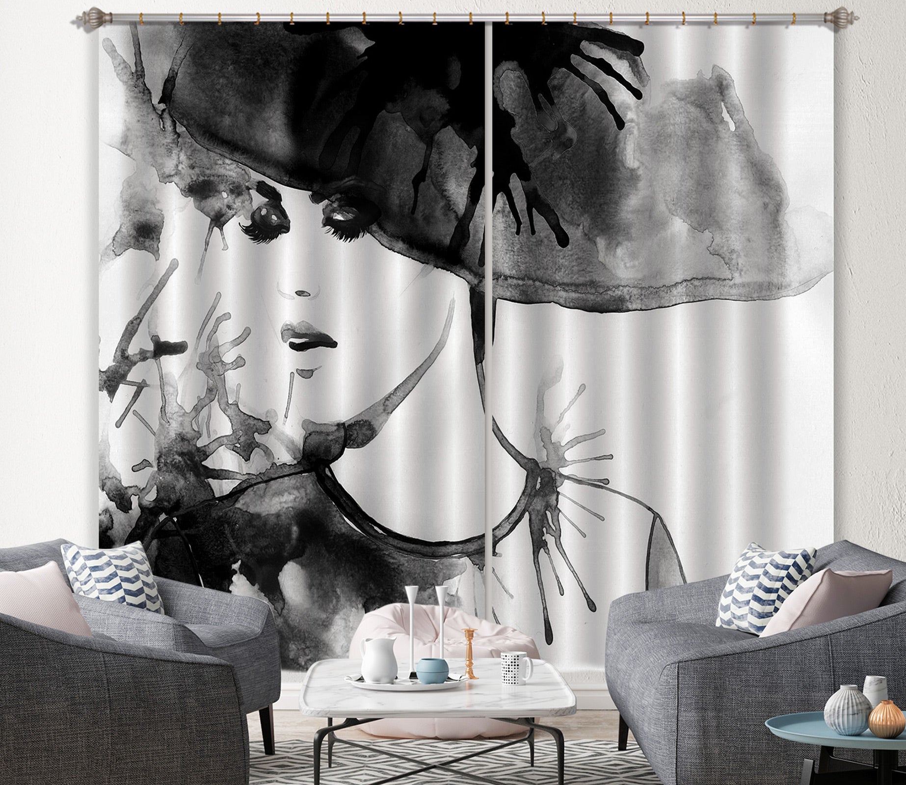 3D Black Hat Ladies 019 Curtains Drapes