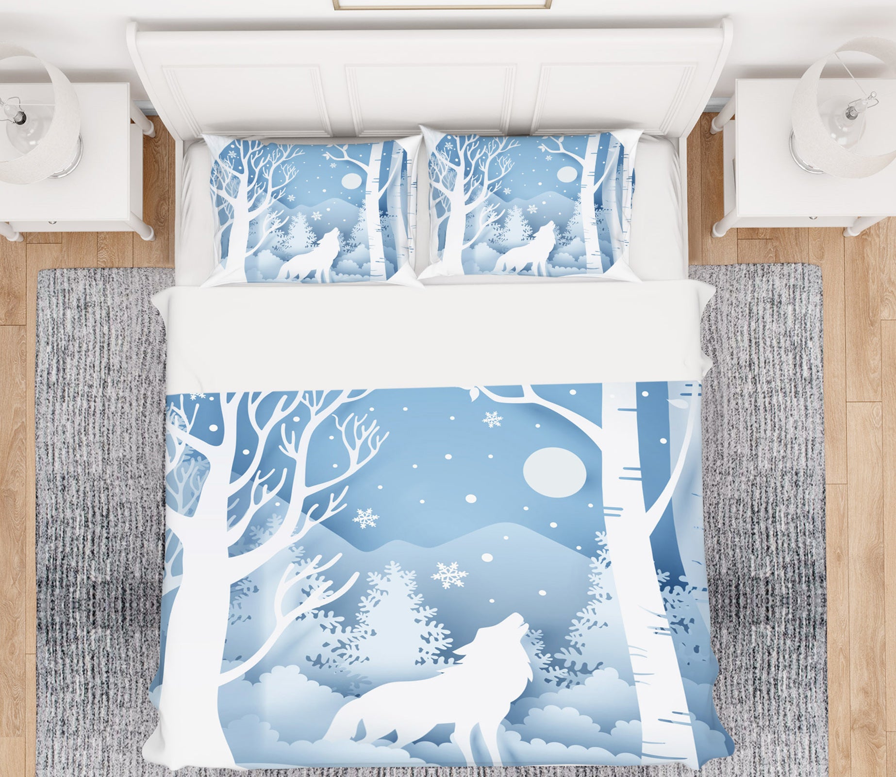 3D White Snowflake Wolf 59002 Bed Pillowcases Quilt