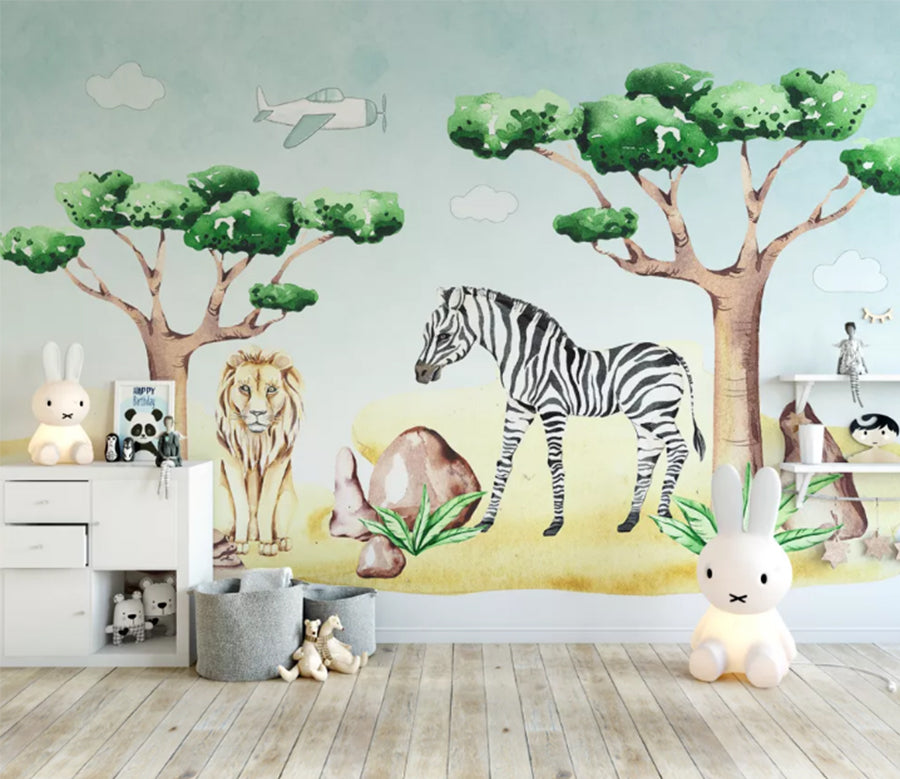 3D Zebra Lion Tree WC1815 Wall Murals