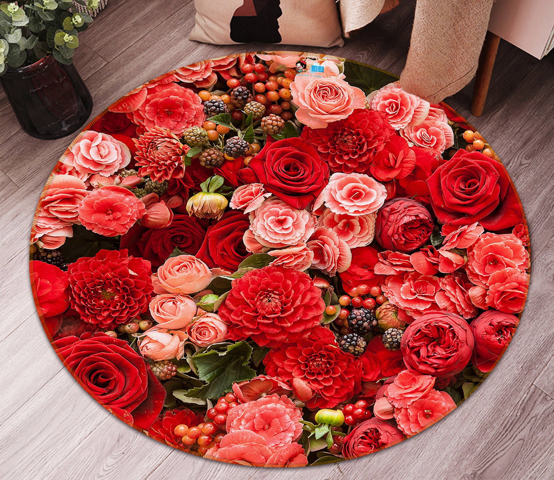 3D Flowers 69169 Round Non Slip Rug Mat