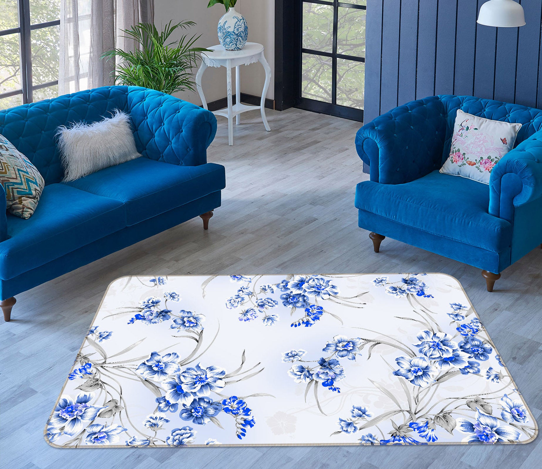 3D Blue Flowers 34038 Non Slip Rug Mat