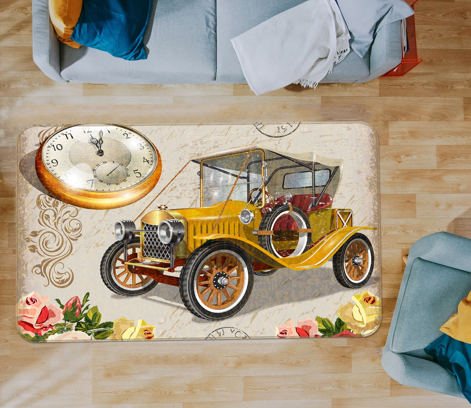 3D Yellow Clock Classic Car 68070 Vehicle Non Slip Rug Mat