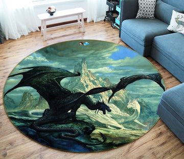 3D Black Dragon Snow Mountain 6121 Ciruelo Rug Round Non Slip Rug Mat