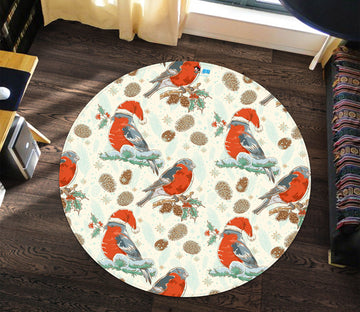 3D Bird Wearing Hat 66016 Christmas Round Non Slip Rug Mat Xmas