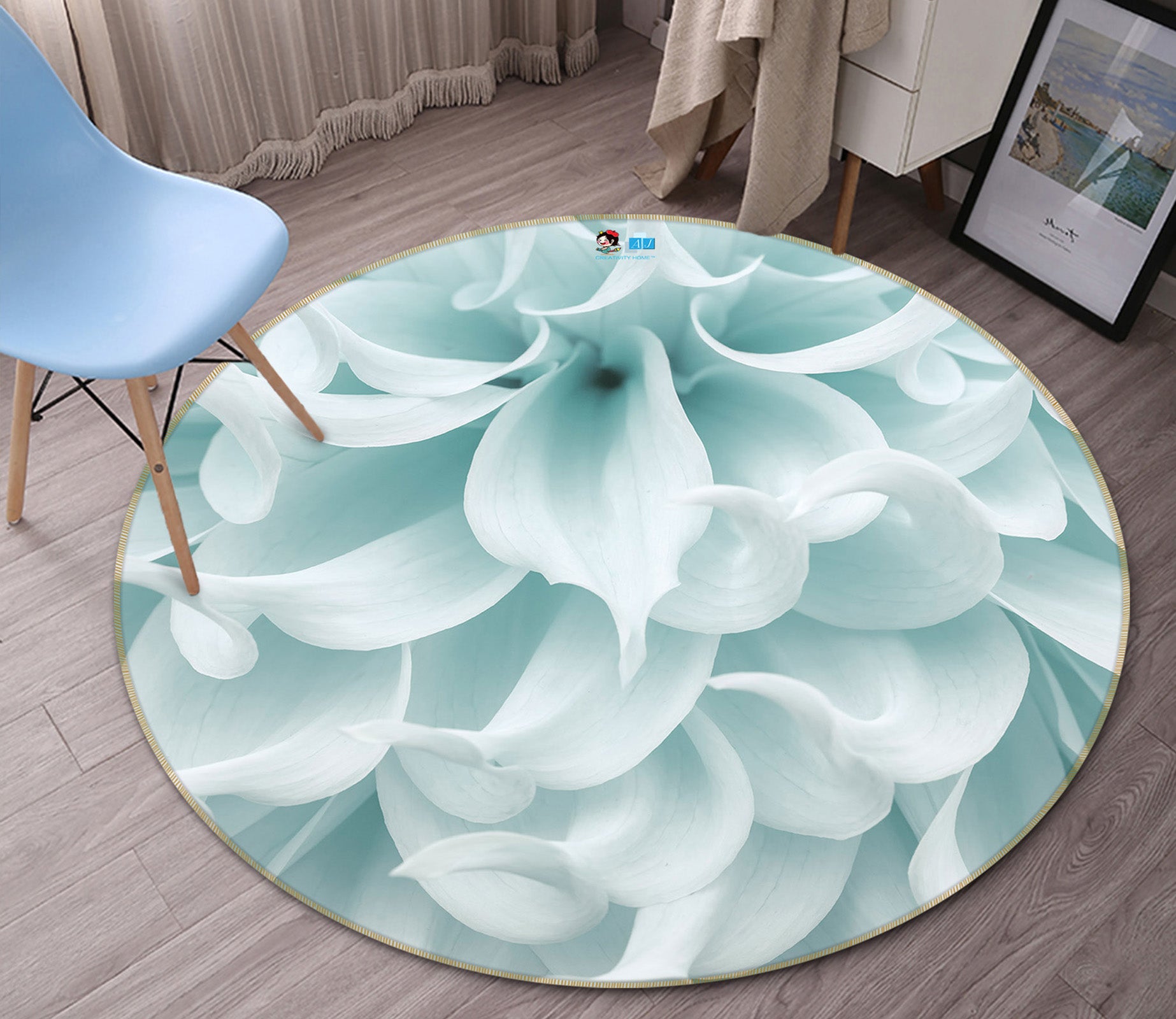 3D Light Blue Flower 7413 Assaf Frank Rug Round Non Slip Rug Mat