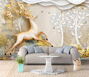 3D Golden Deer Flower WC1703 Wall Murals