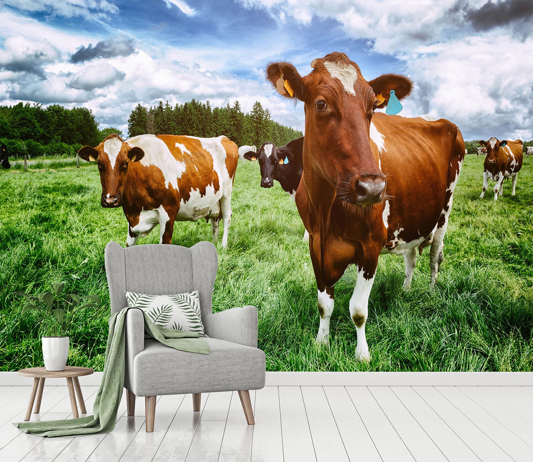 3D Green Lawn Cow 296 Wall Murals