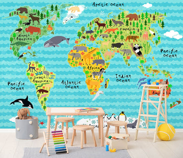 3D Animal Oasis 2046 World Map Wall Murals