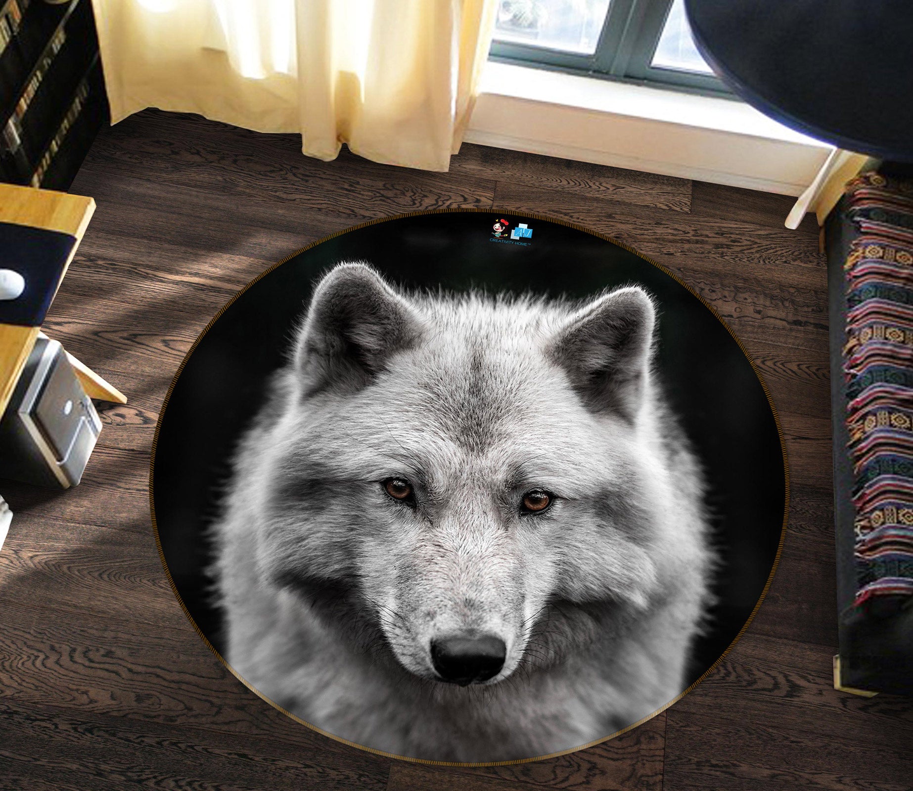 3D White Wolf 81172 Round Non Slip Rug Mat