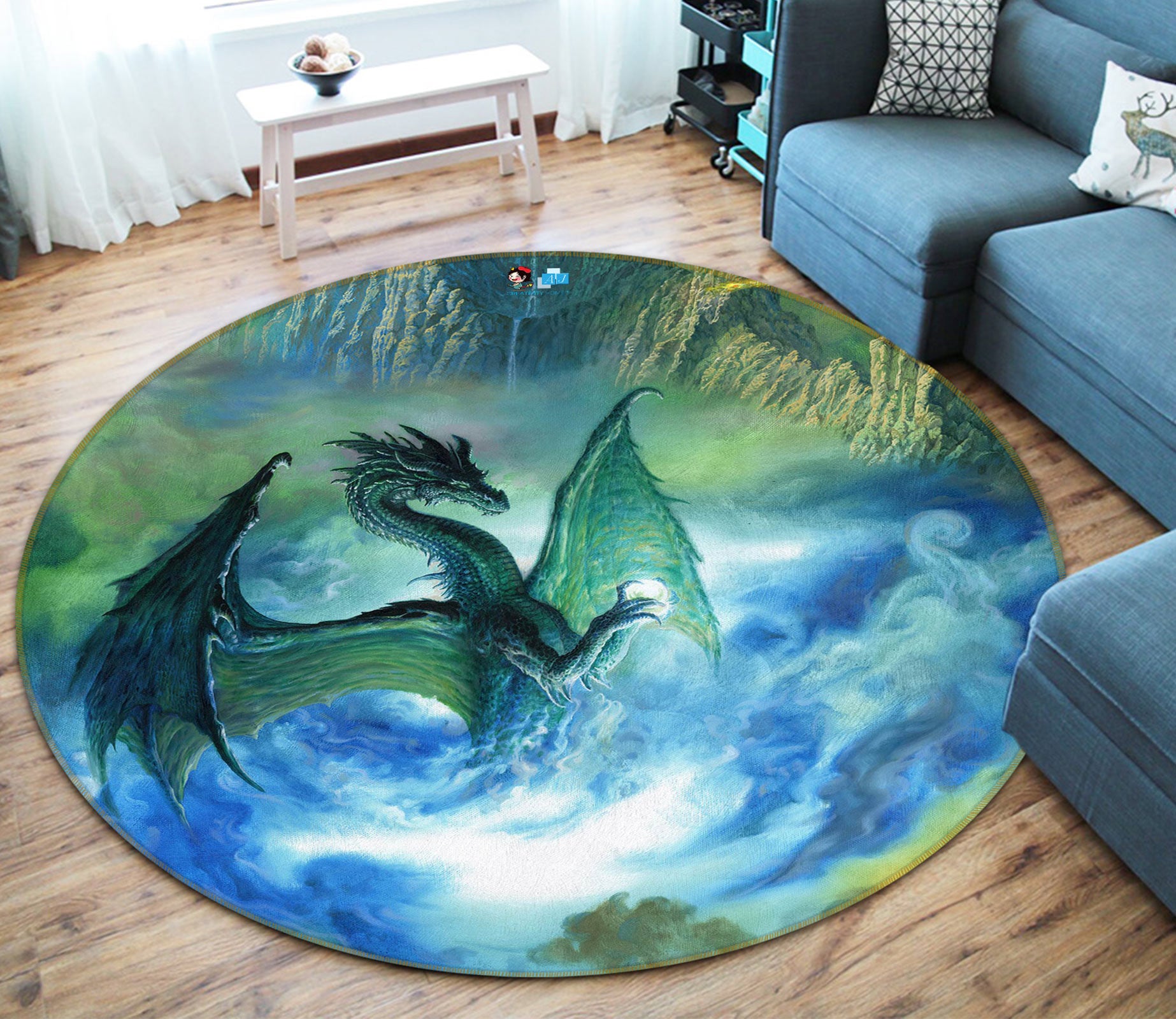 3D Blue Cloud Mist Dragon 6147 Ciruelo Rug Round Non Slip Rug Mat