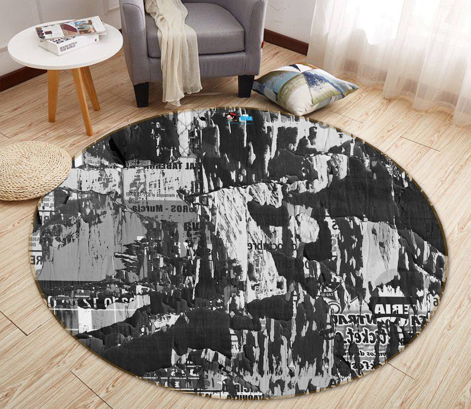 3D Black White Mountaint 75112 Round Non Slip Rug Mat