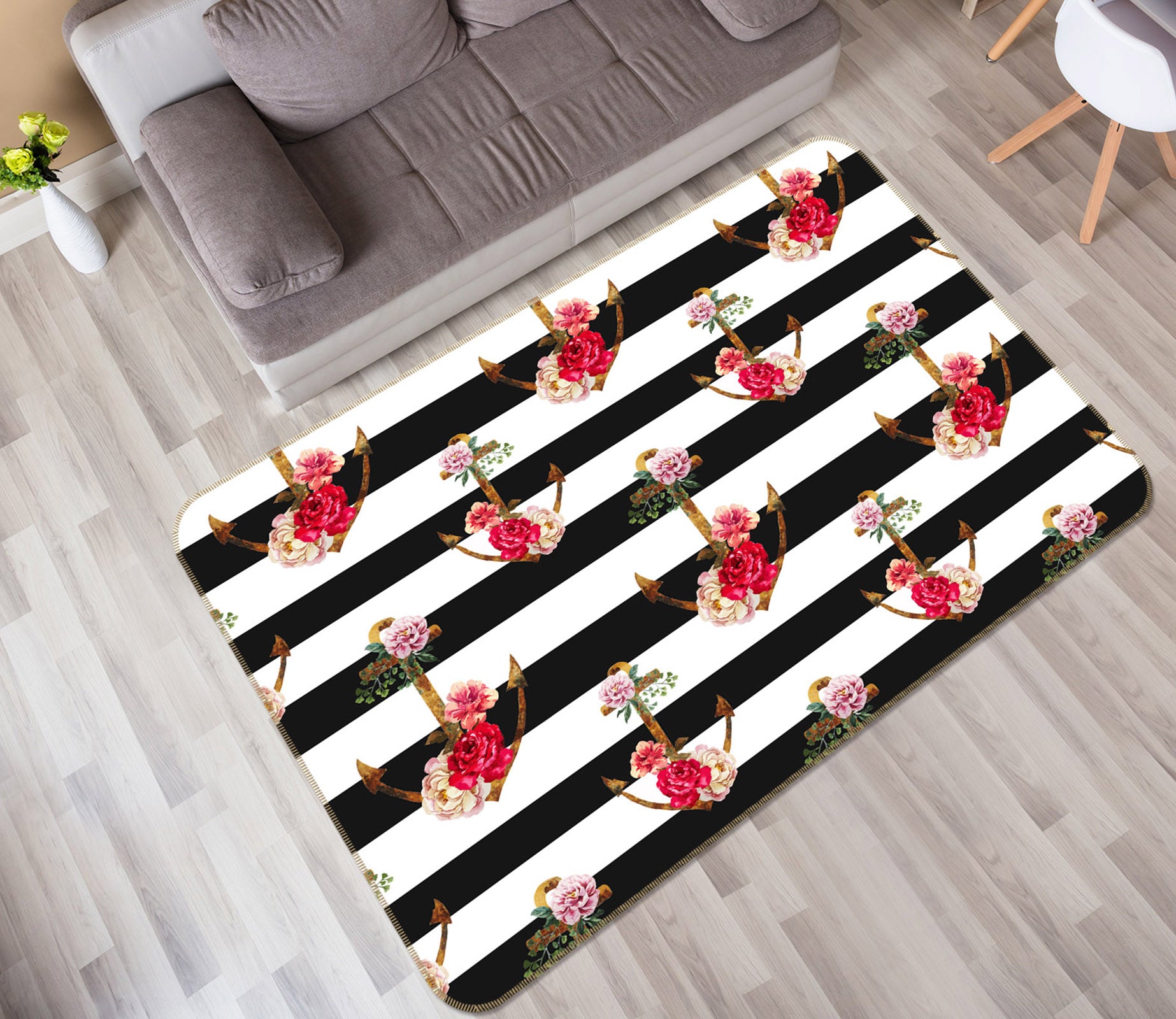 3D Black White Flowers 35073 Non Slip Rug Mat