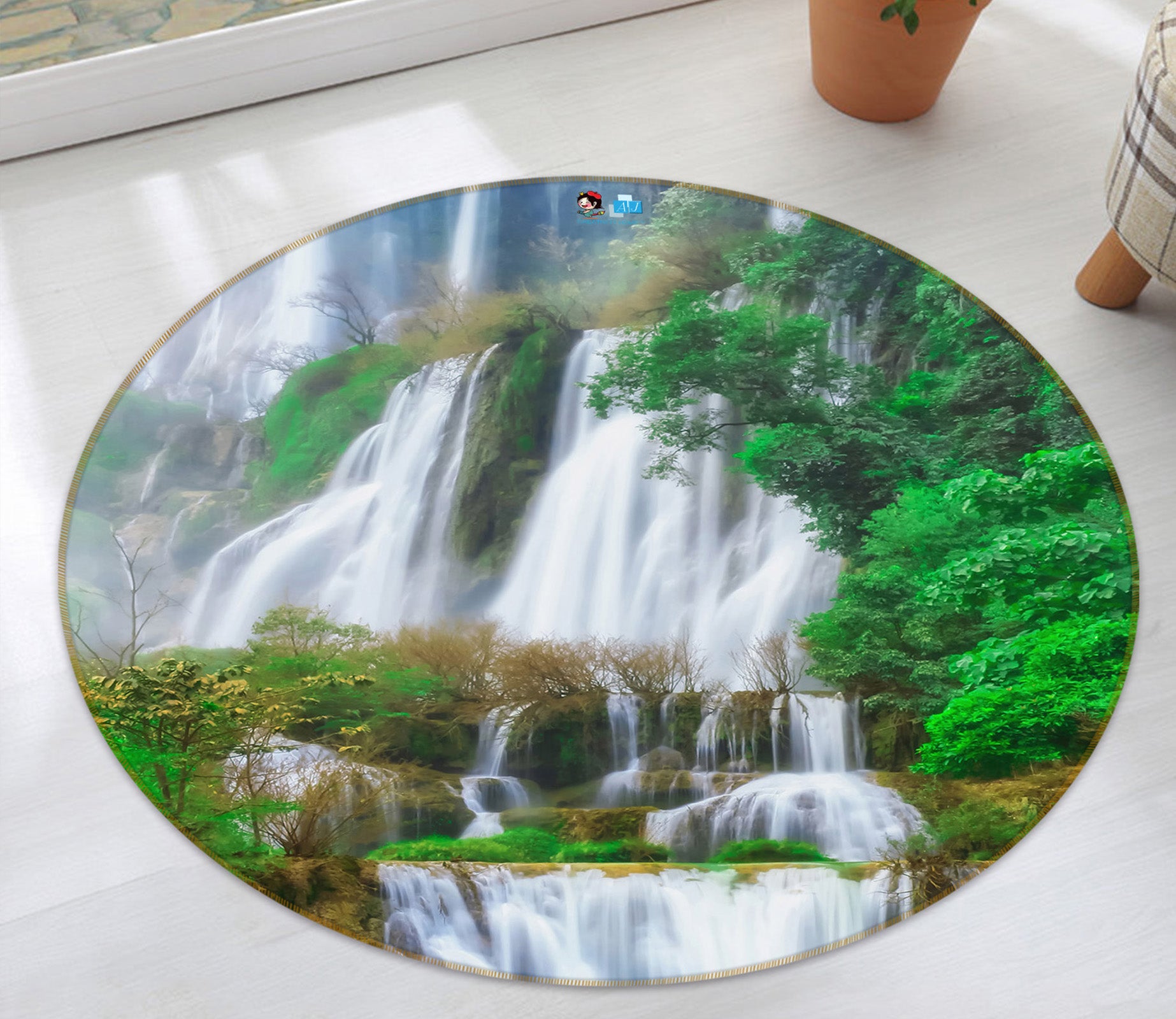 3D Mountain Waterfall 69119 Round Non Slip Rug Mat