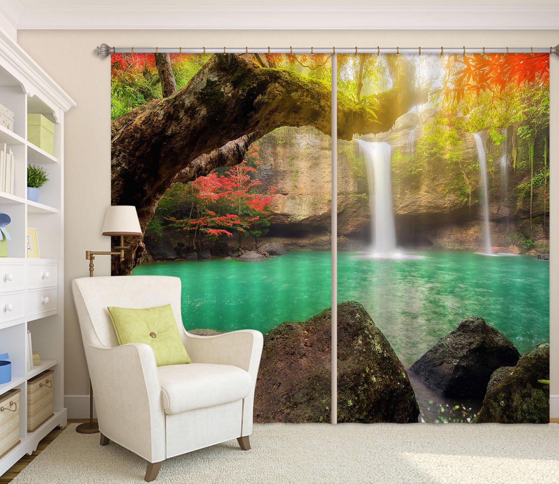 3D Sunset Waterfall 845 Curtains Drapes Wallpaper AJ Wallpaper 