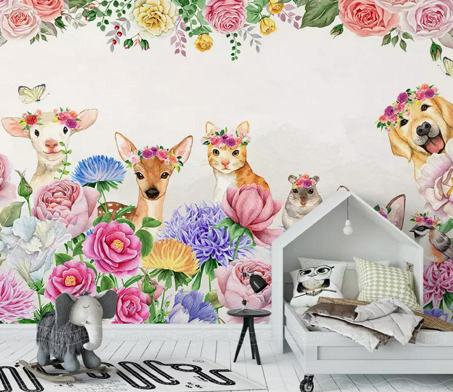 3D Kitten Fawn Flower WC431 Wall Murals