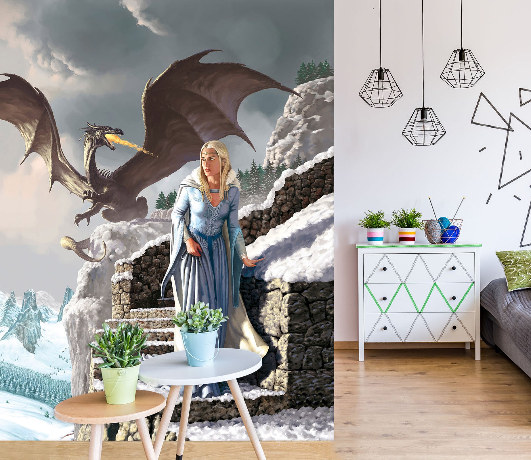 3D Fly Dragon Stone Stairs Woman 7120 Ciruelo Wall Mural Wall Murals