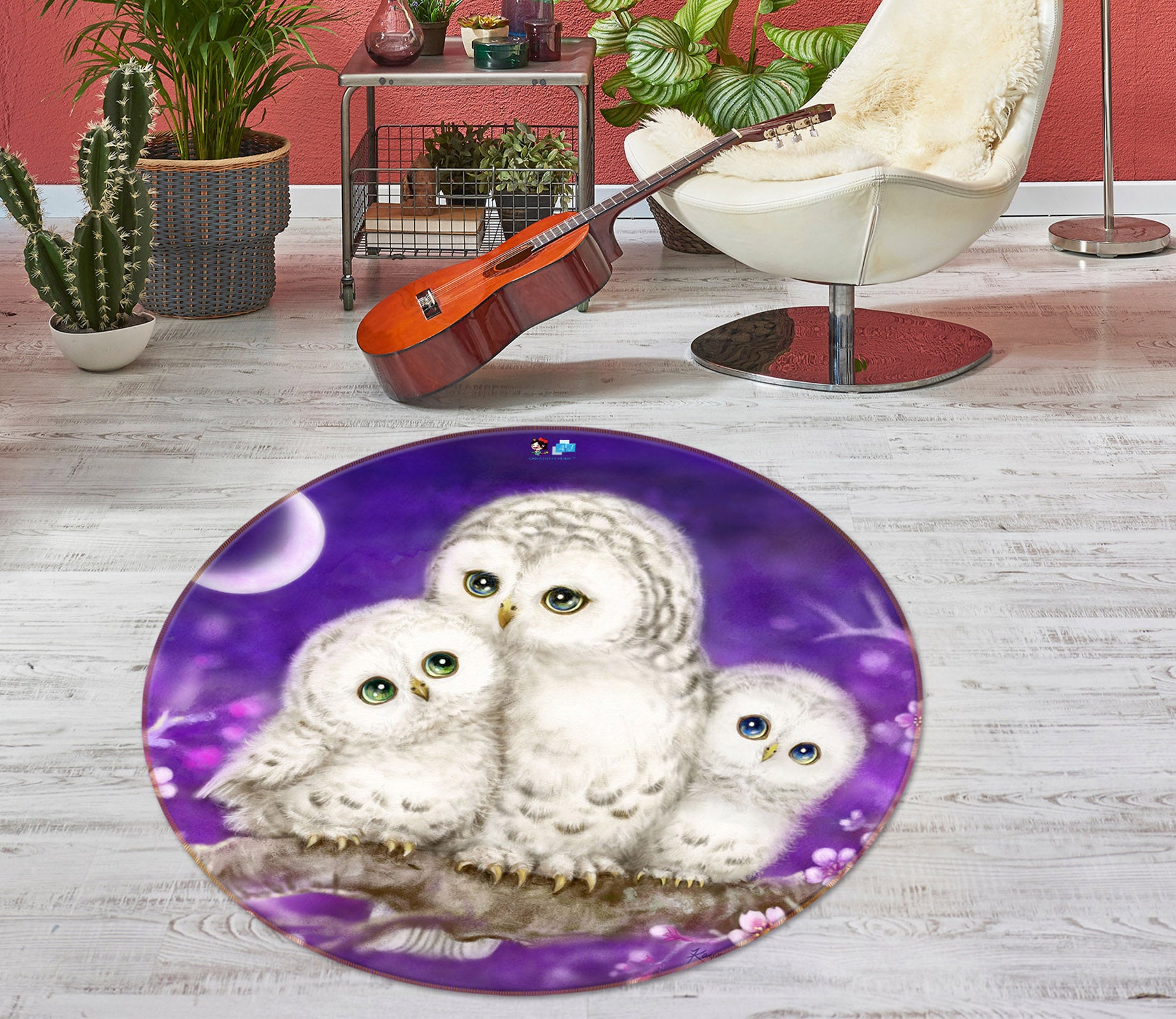 3D Owl Family 6046 Kayomi Harai Rug Round Non Slip Rug Mat
