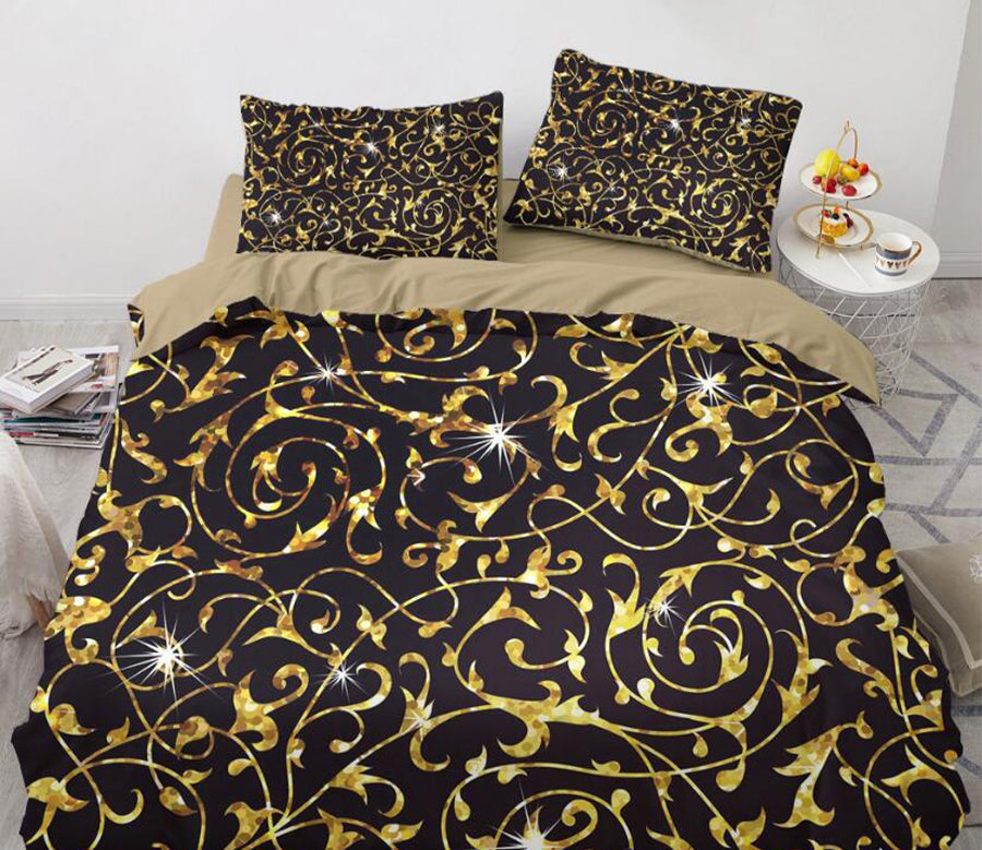 3D Black Golden Pattern White Star Point 11145 Bed Pillowcases Quilt