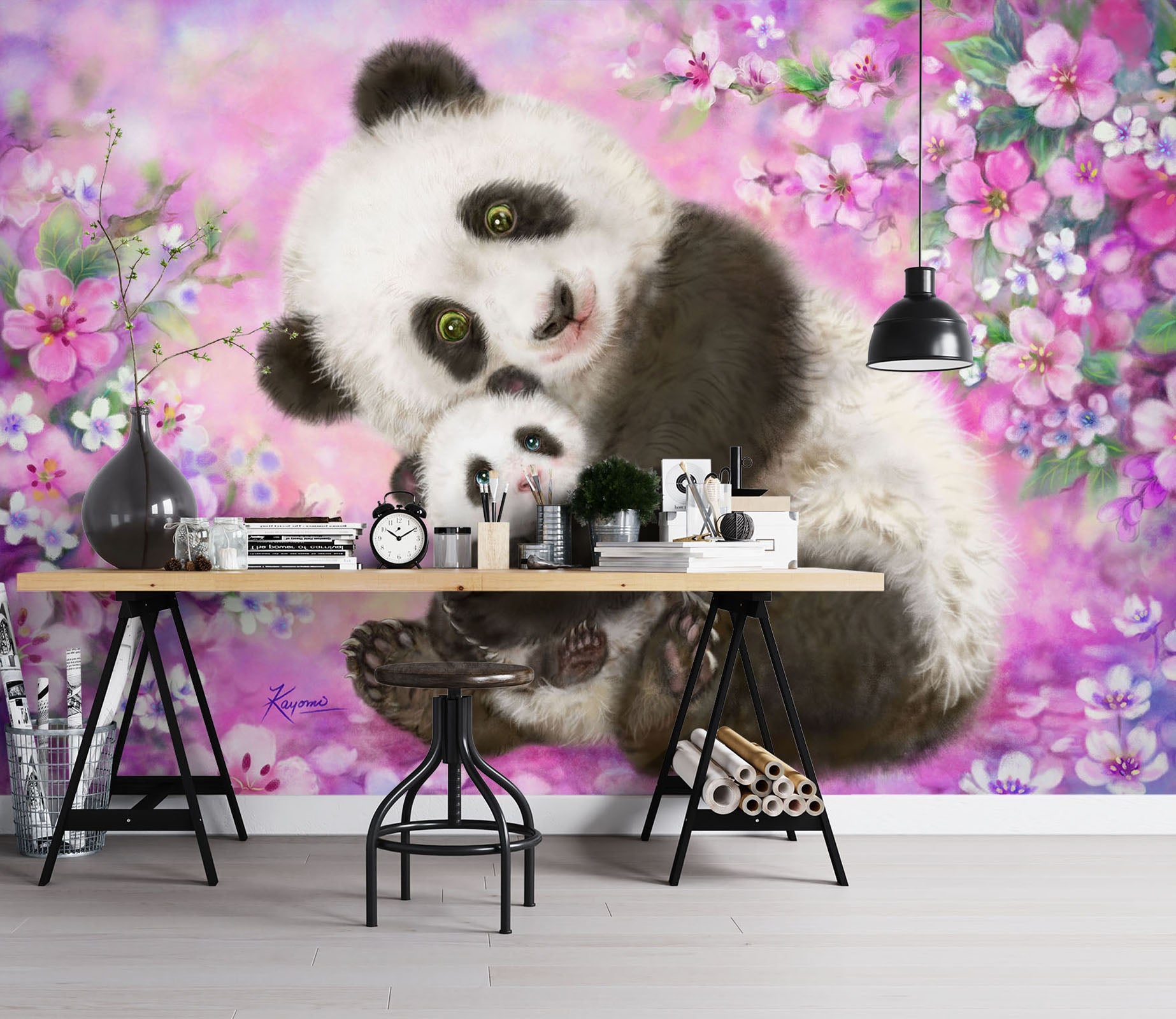 3D Pink Flower Panda 5424 Kayomi Harai Wall Mural Wall Murals
