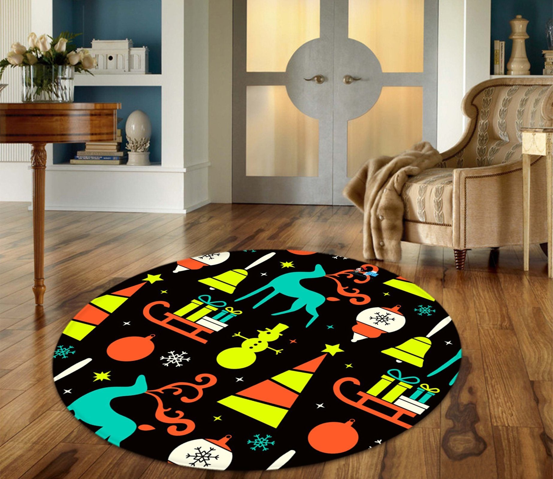 3D Cartoon Sleigh Gift Box 080 Round Non Slip Rug Mat Mat AJ Creativity Home 