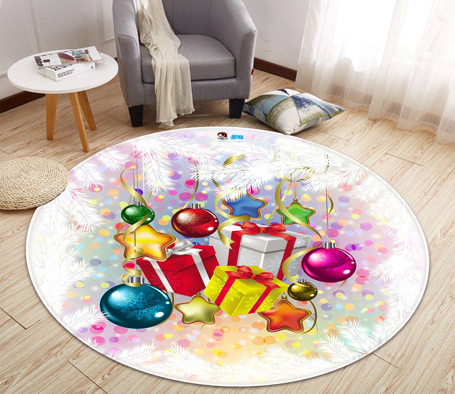3D Gift Box Colorful Balls 66032 Christmas Round Non Slip Rug Mat Xmas