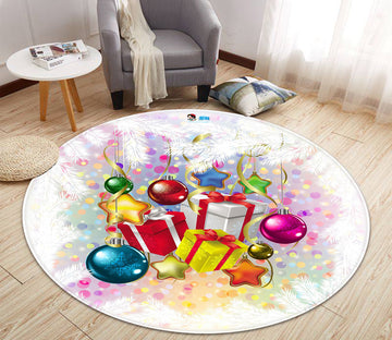3D Gift Box Colorful Balls 66032 Christmas Round Non Slip Rug Mat Xmas