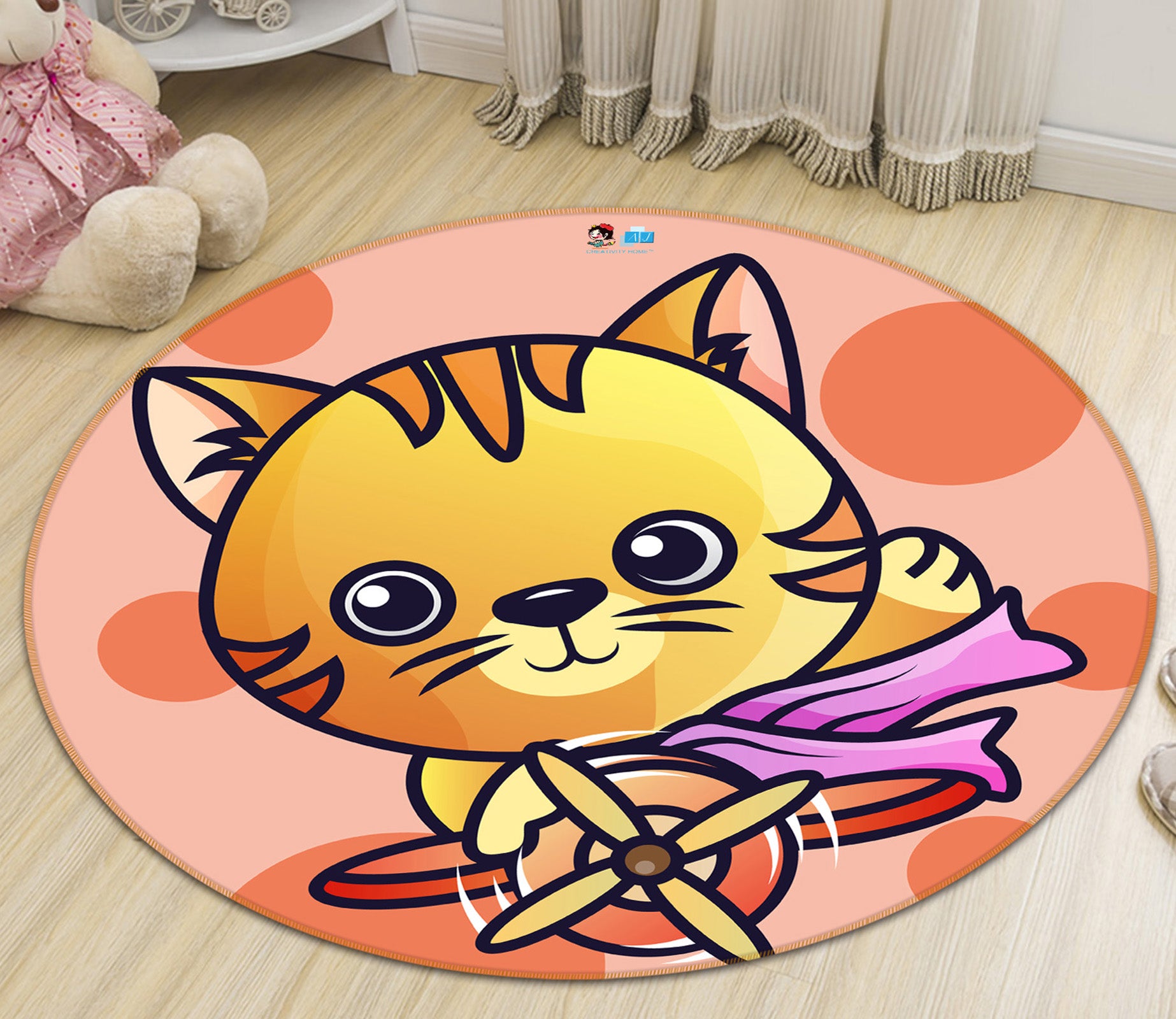 3D Cartoon Yellow Cat 74269 Round Non Slip Rug Mat