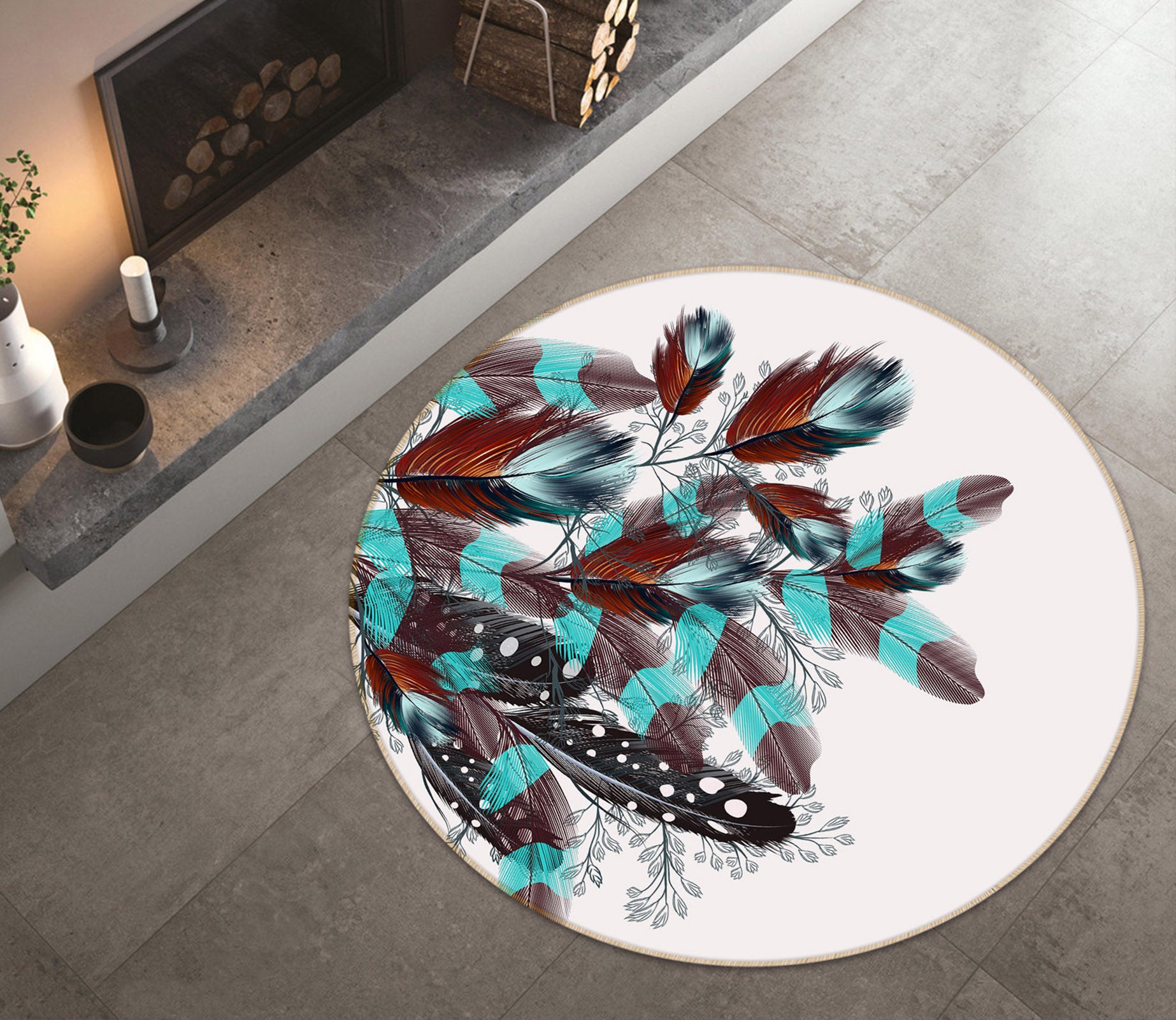 3D Feather 29095 Round Non Slip Rug Mat
