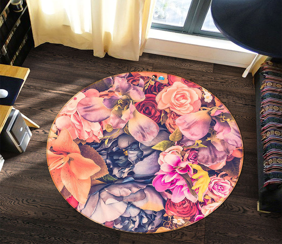 3D Colored Flowers 64107 Round Non Slip Rug Mat
