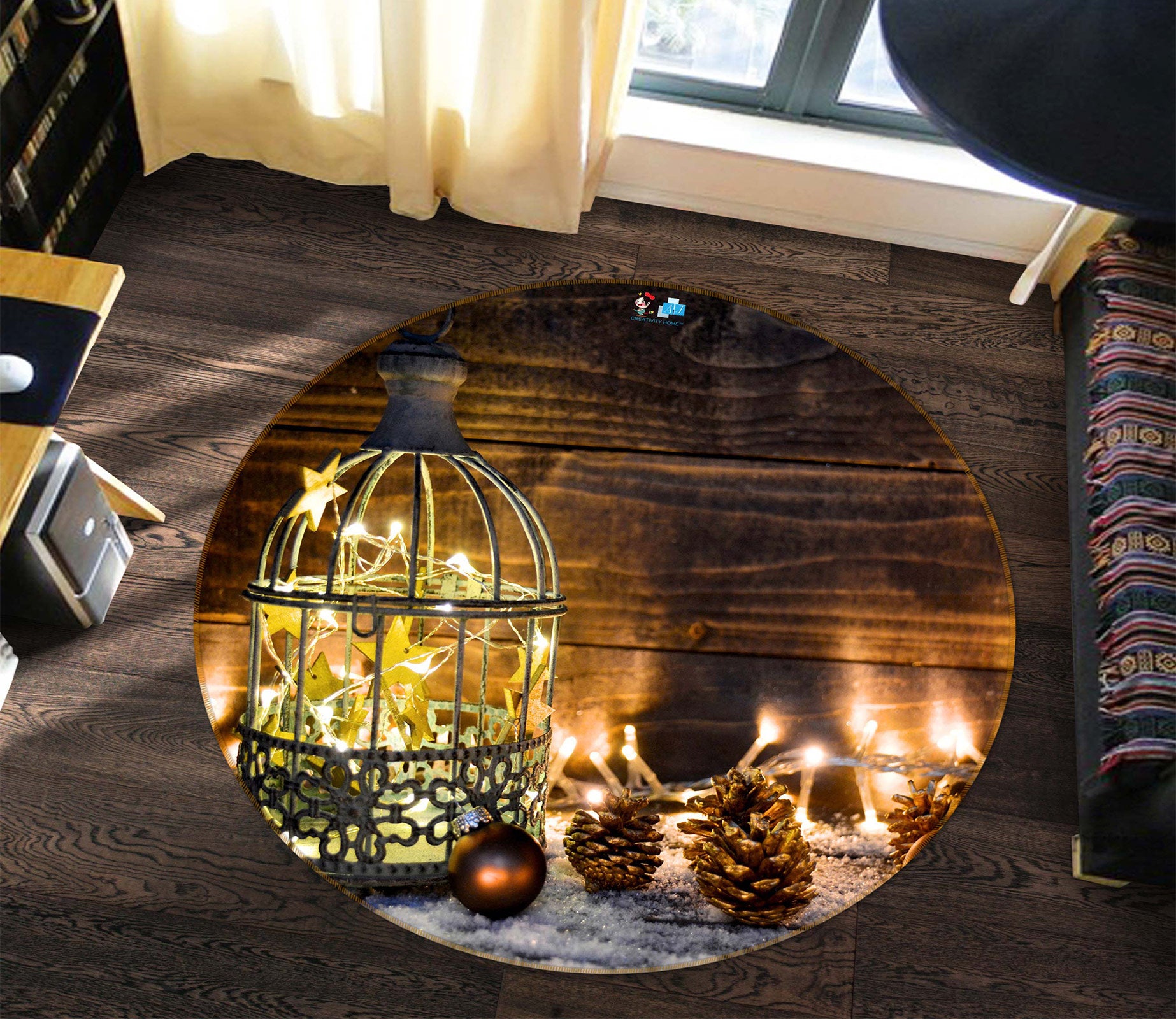 3D String Lights Pineta 54084 Christmas Round Non Slip Rug Mat Xmas