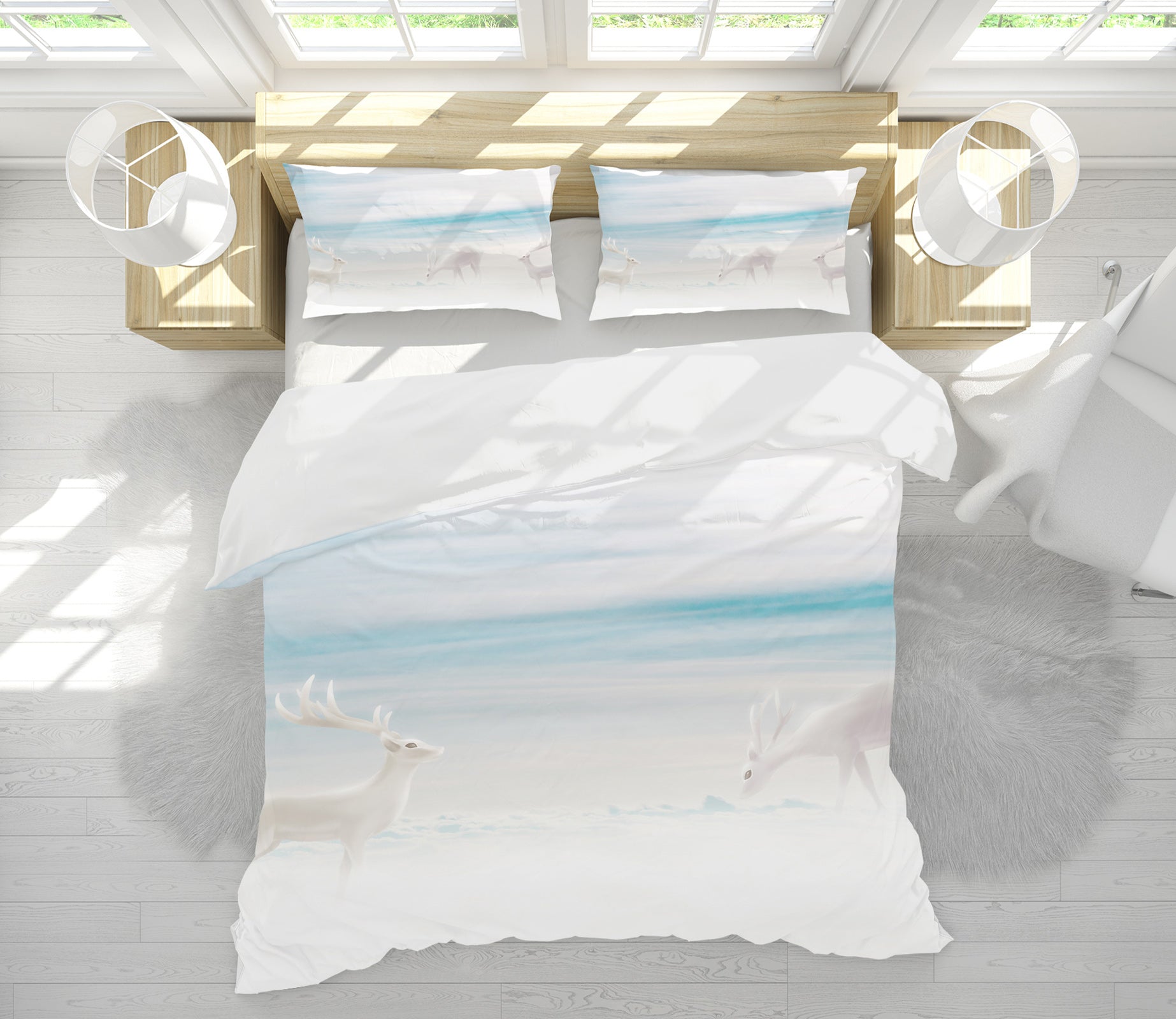 3D Beach White Deer 12074 Bed Pillowcases Quilt