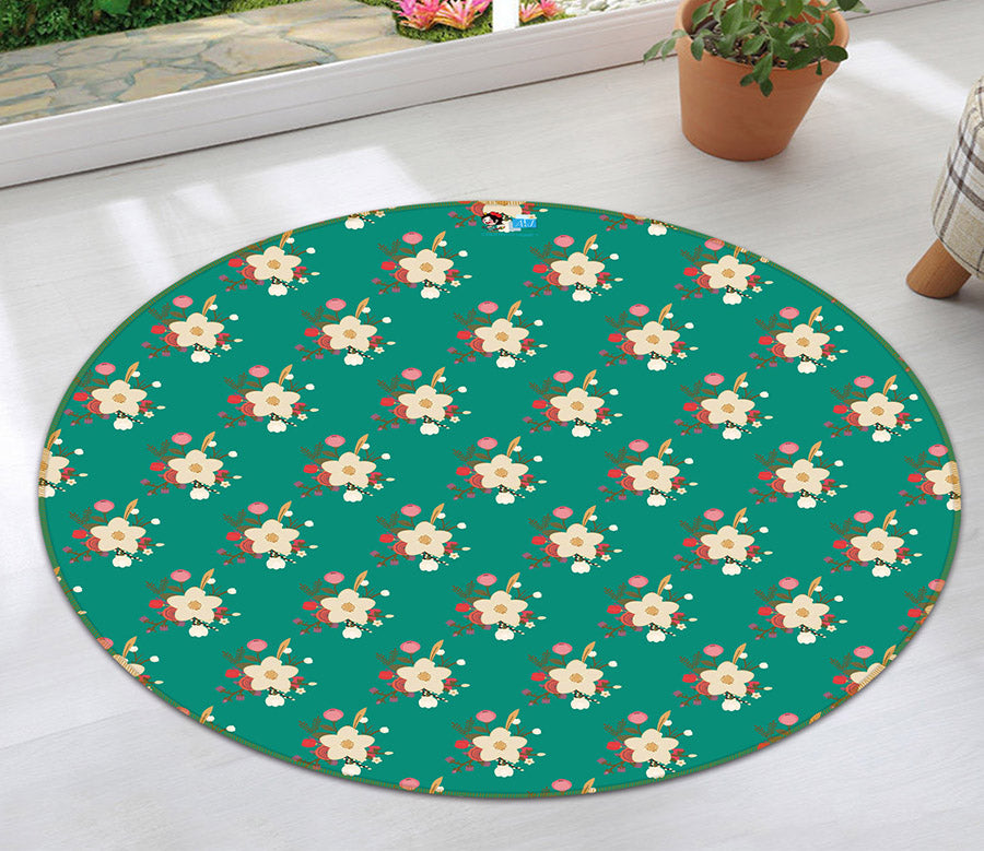 3D Green Background Flower Pattern 64109 Round Non Slip Rug Mat