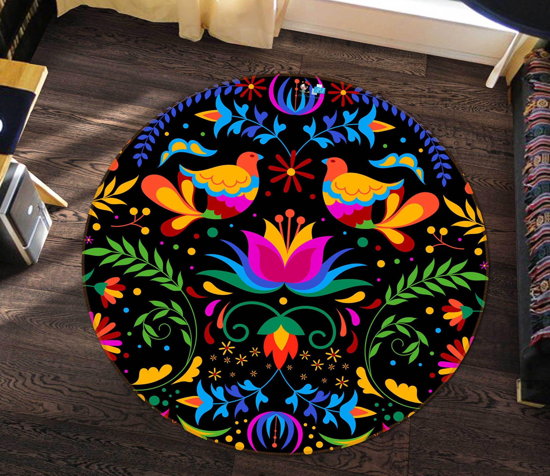 3D Color Leaf Bird Pattern 71285 Round Non Slip Rug Mat