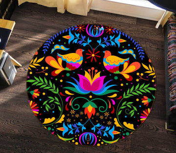 3D Color Leaf Bird Pattern 71285 Round Non Slip Rug Mat