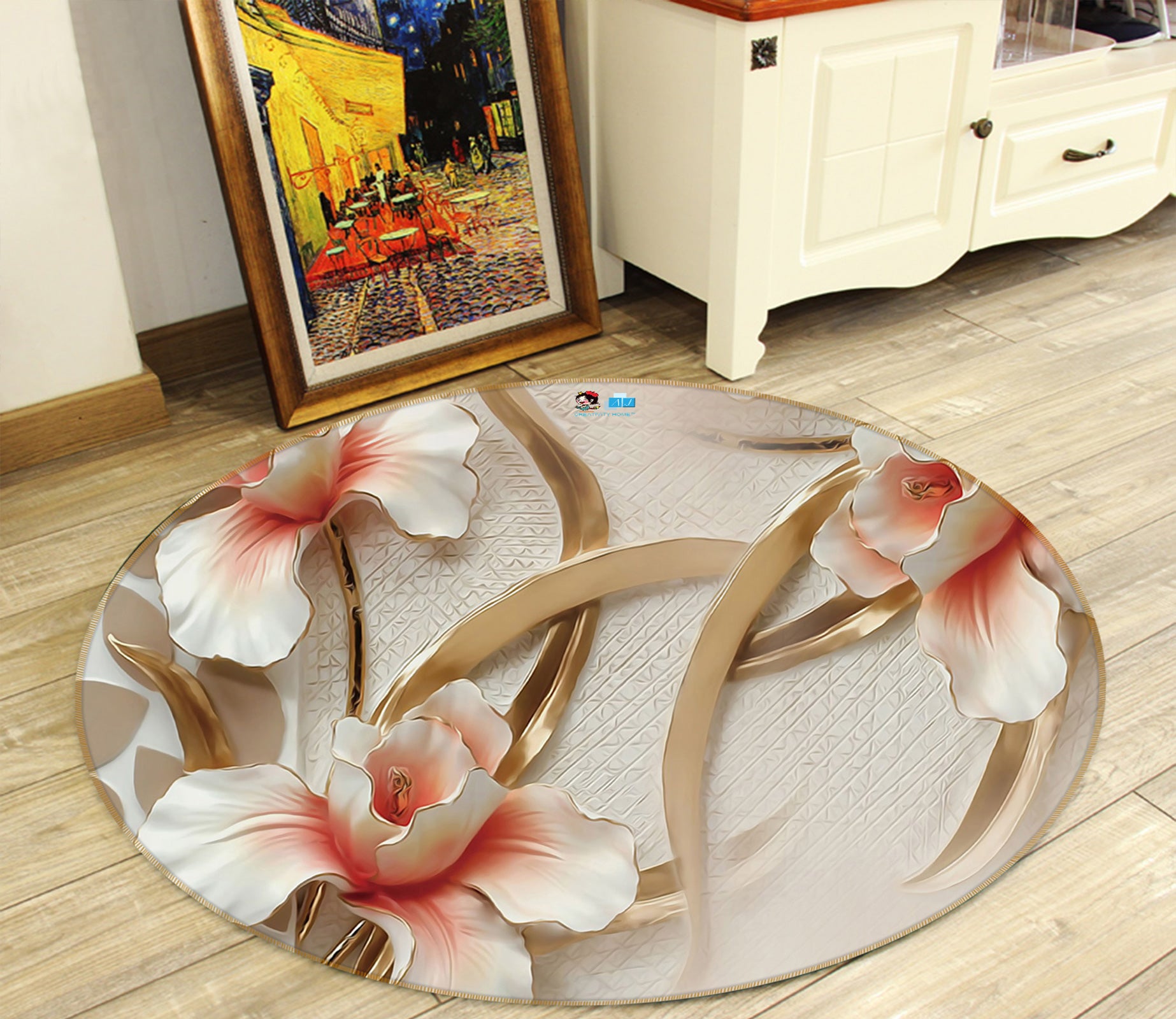3D Embossed Flowers 80257 Round Non Slip Rug Mat