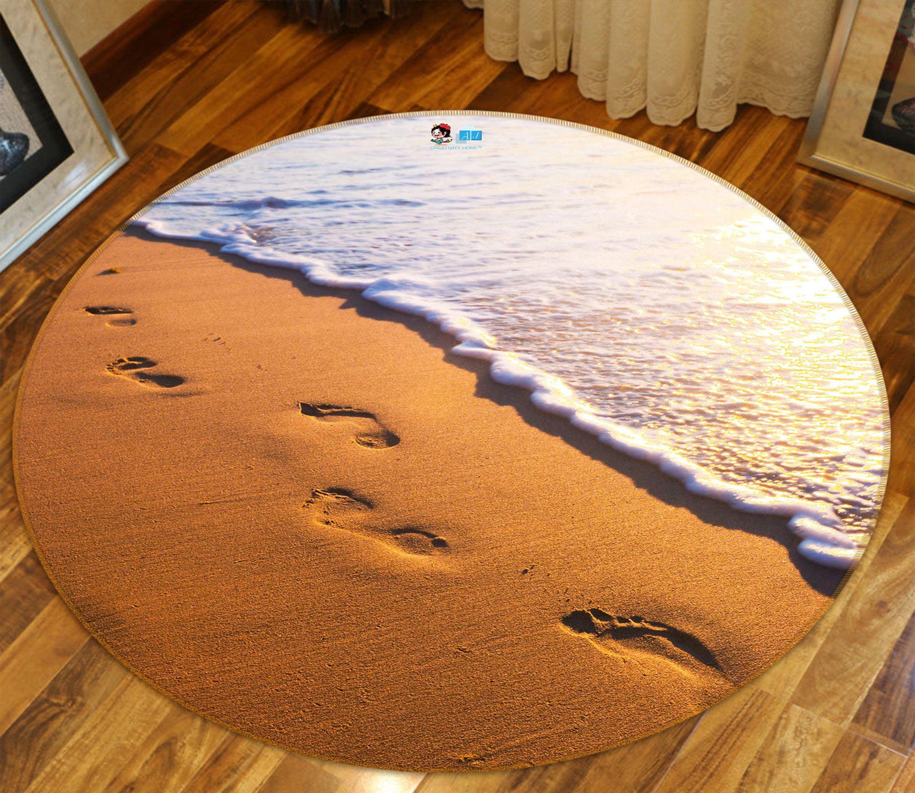 3D Beach Footprints 72160 Round Non Slip Rug Mat