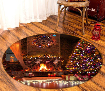 3D Fireplace Tree 54096 Christmas Round Non Slip Rug Mat Xmas