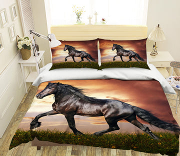 3D Lawn Black Horse 069 Bed Pillowcases Quilt