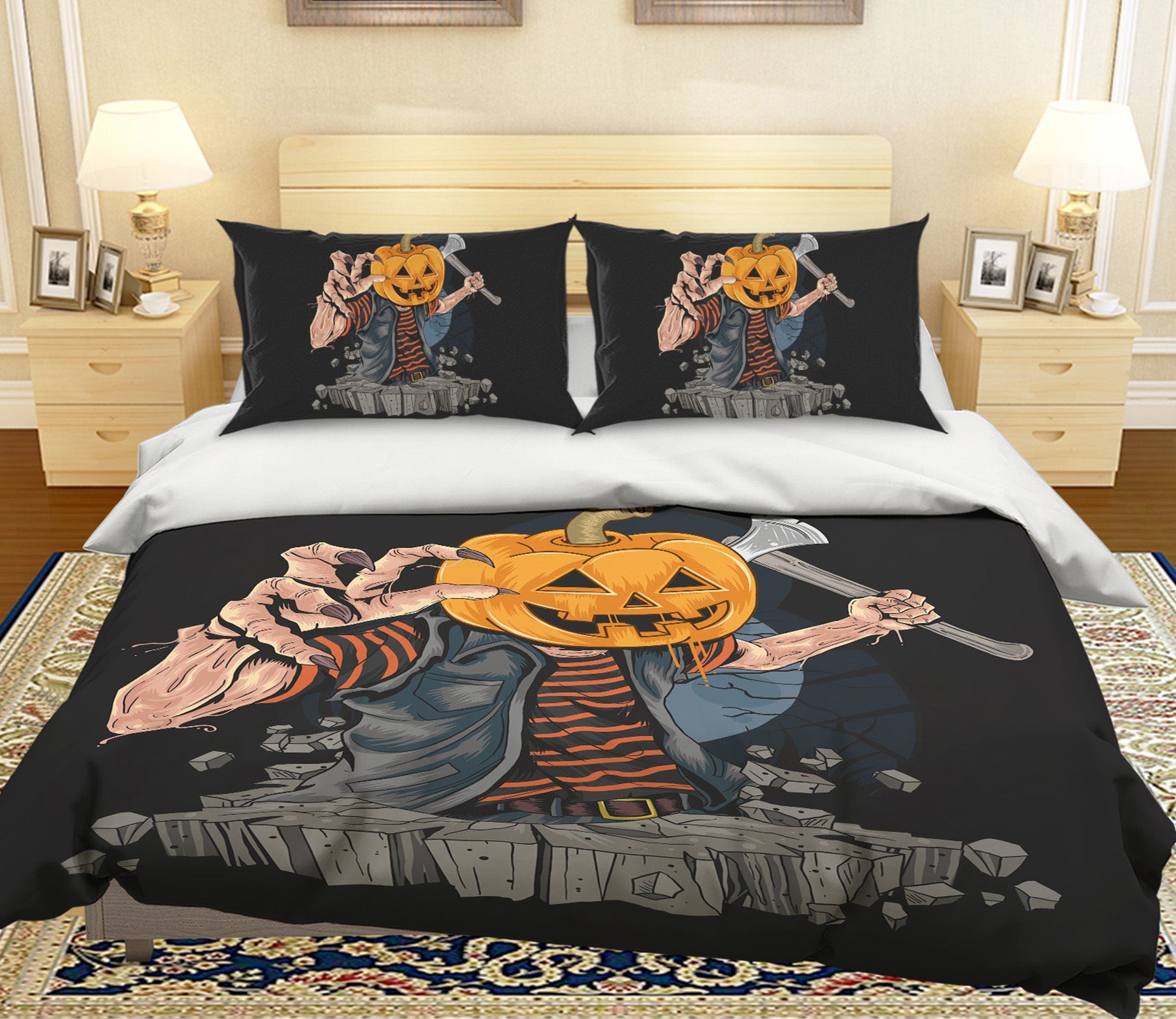 3D Pumpkin Man Hammer 1212 Halloween Bed Pillowcases Quilt Quiet Covers AJ Creativity Home 