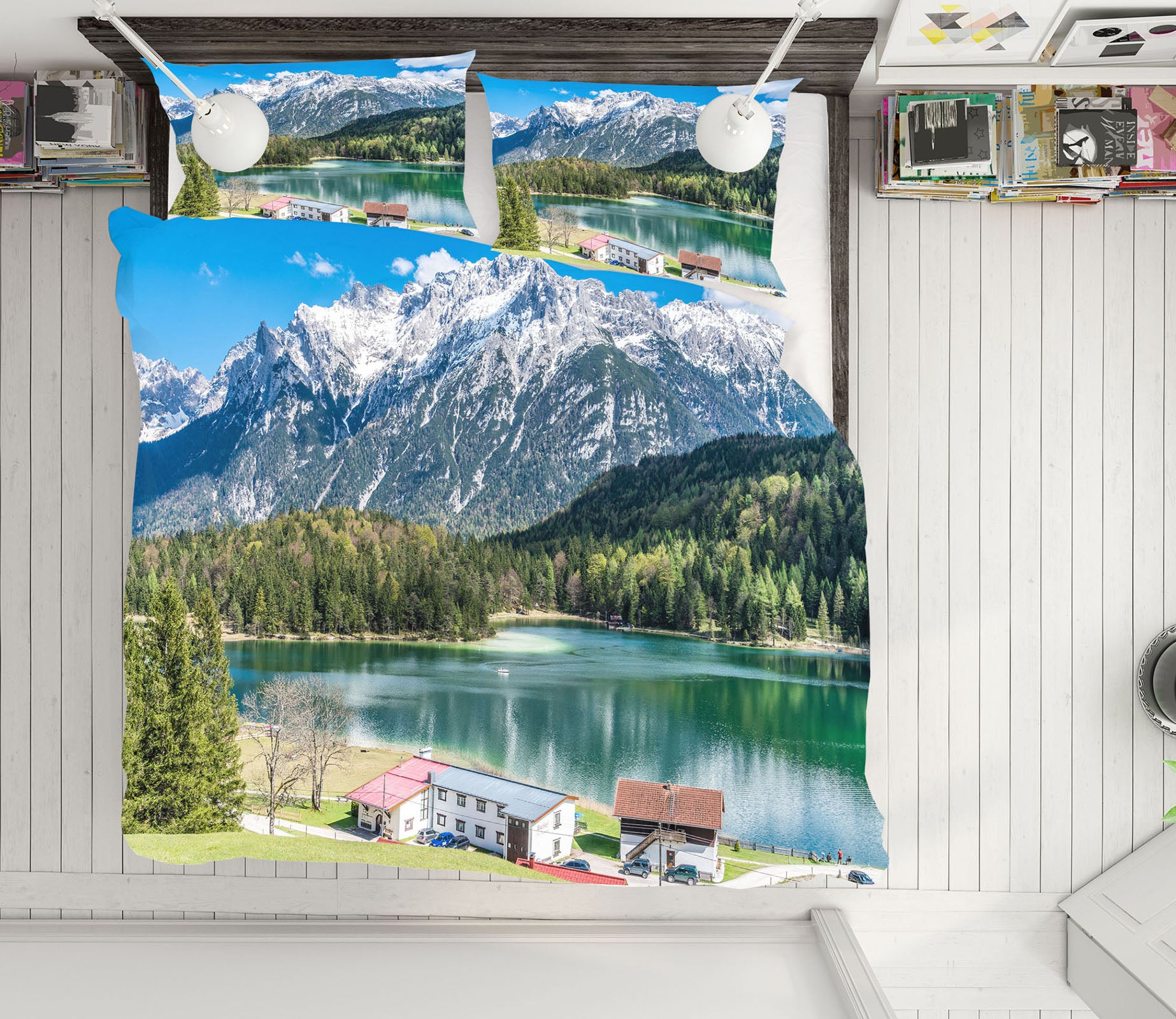 3D Snow Mountain Lake Houses 60093 Bed Pillowcases Quilt