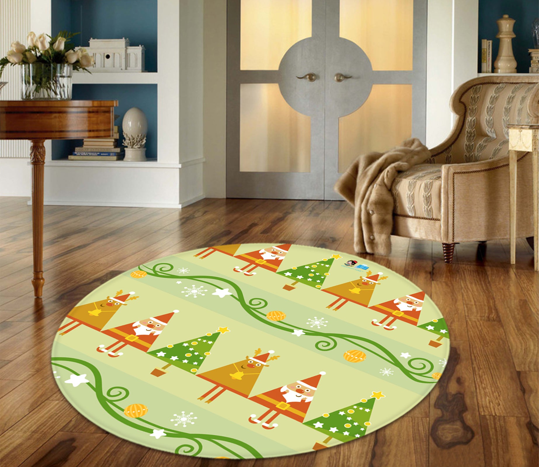 3D Yellow Green Tree 66038 Christmas Round Non Slip Rug Mat Xmas