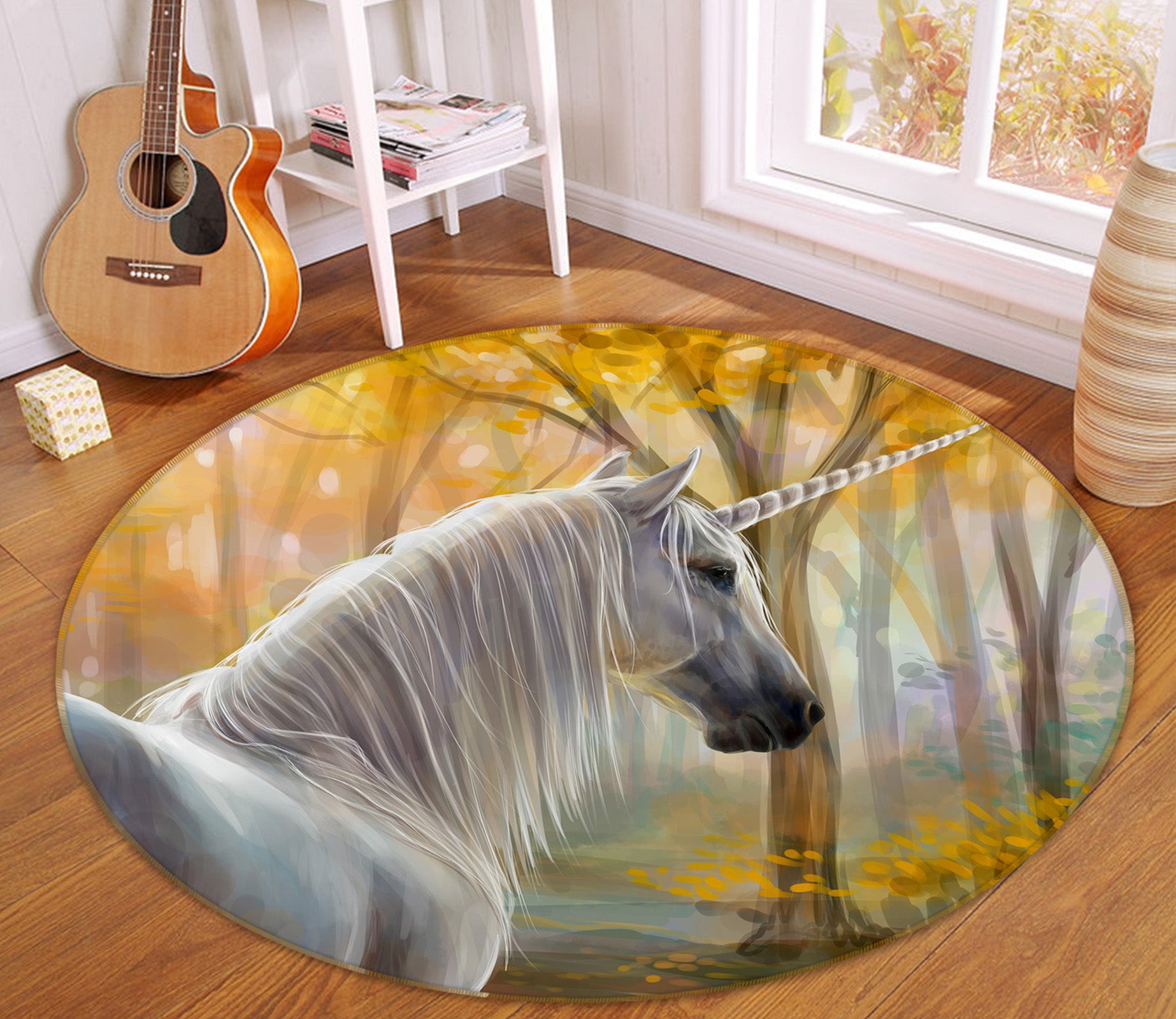 3D Horned Horse 37159 Animal Round Non Slip Rug Mat