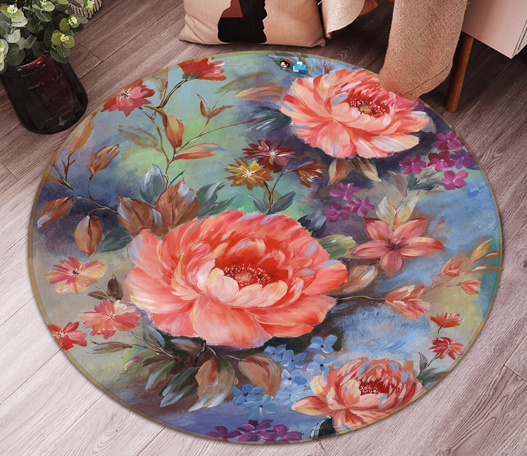 3D Flower Pattern 69088 Round Non Slip Rug Mat