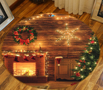 3D Fireplace Tree 54093 Christmas Round Non Slip Rug Mat Xmas