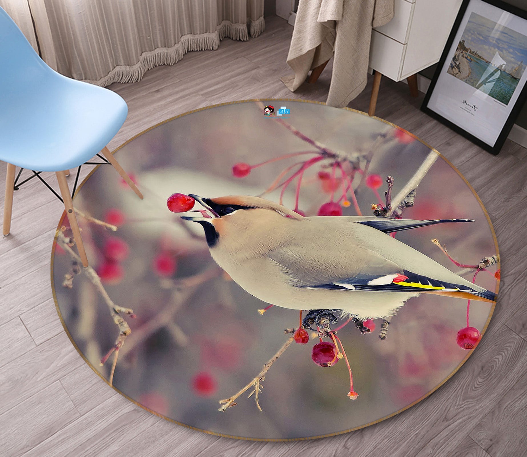 3D Flower Branch Bird 82028 Animal Round Non Slip Rug Mat