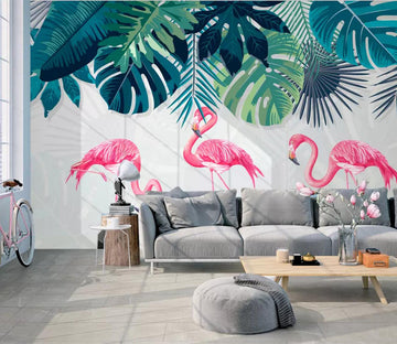 3D Flamingo Green Leaf WC622 Wall Murals
