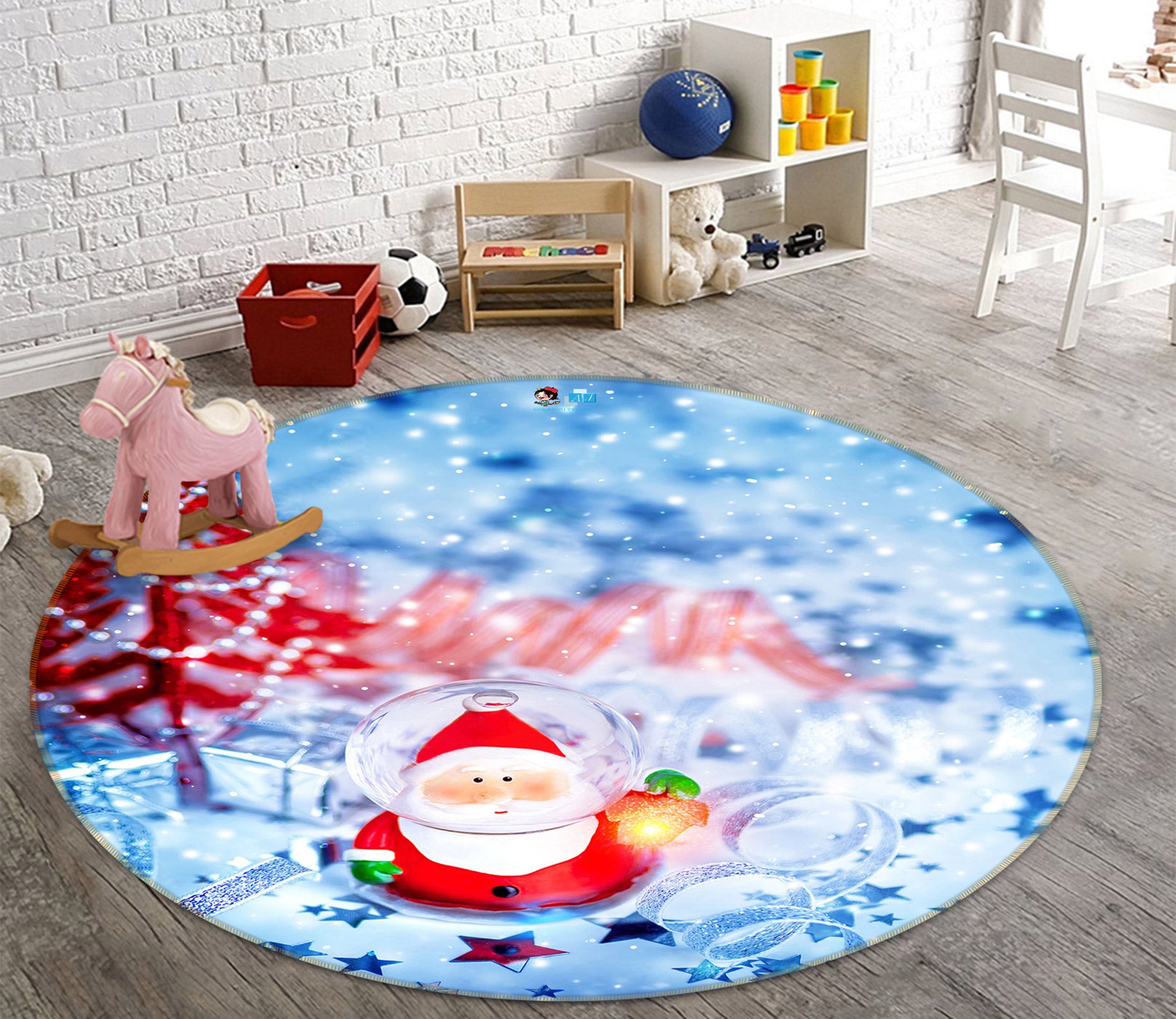 3D Glass Ball Santa 54018 Christmas Round Non Slip Rug Mat Xmas