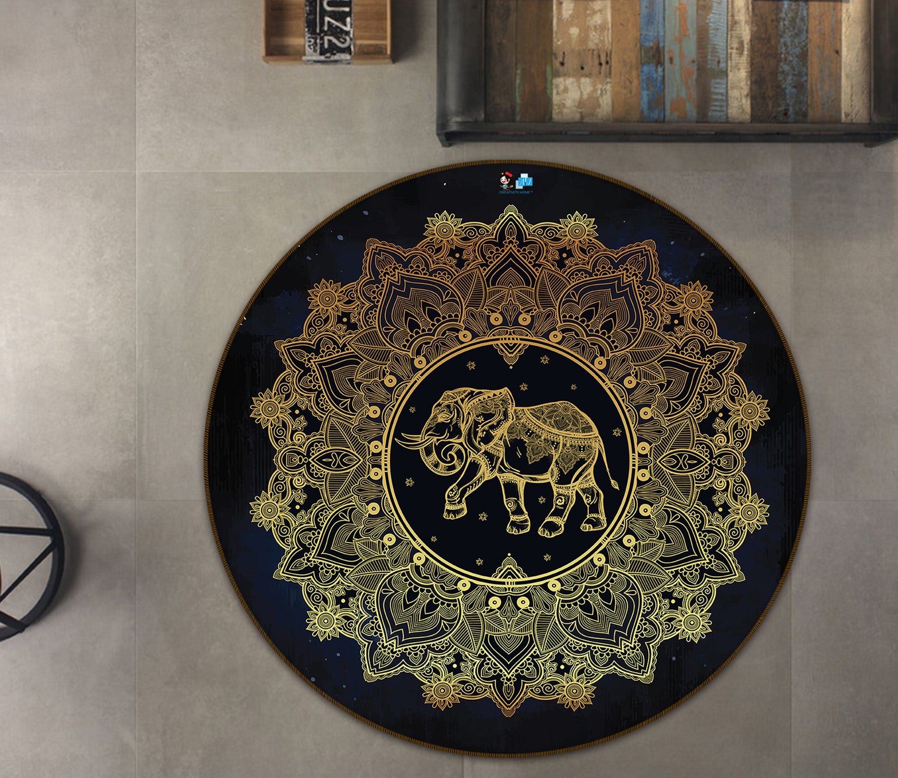 3D Golden Elephant Pattern 74227 Round Non Slip Rug Mat