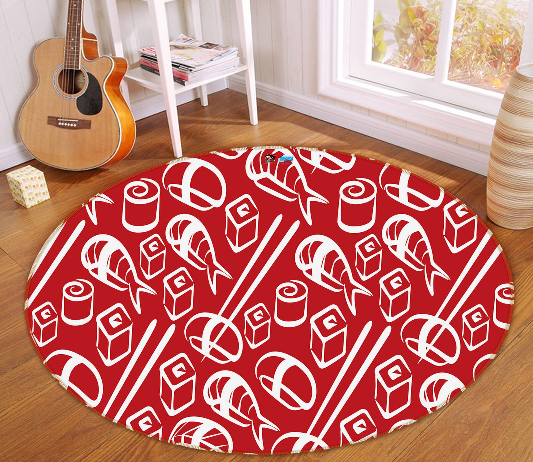 3D Red Chopsticks Sushi 74036 Round Non Slip Rug Mat