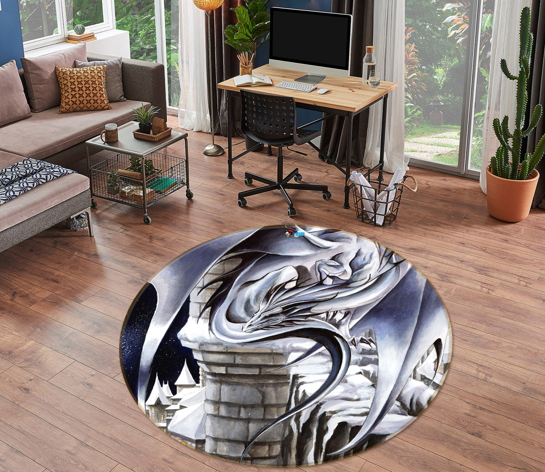 3D Gray Dragon 8389 Ruth Thompson Rug Round Non Slip Rug Mat